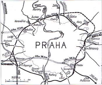 Entwurf zur Trassenführung des Prager Rings (tschechischer Entwurf und "deutsche" Tangentenlösung)