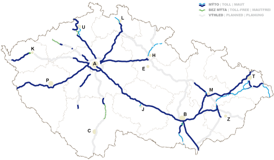 Mapa zpoplatněných úseků dálnic a rychlostních silnic
