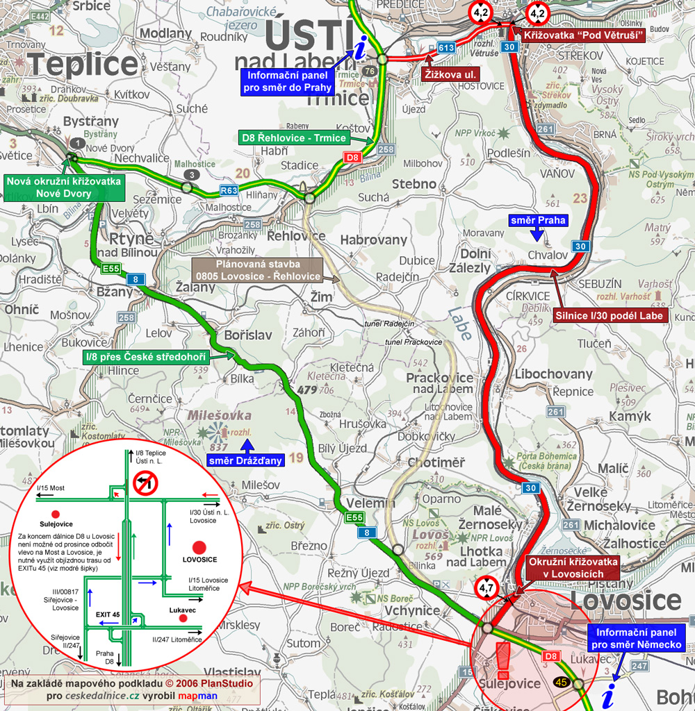 Mapa provizornho een dopravy podl nedostavnho seku D8 Lovosice – ehlovice